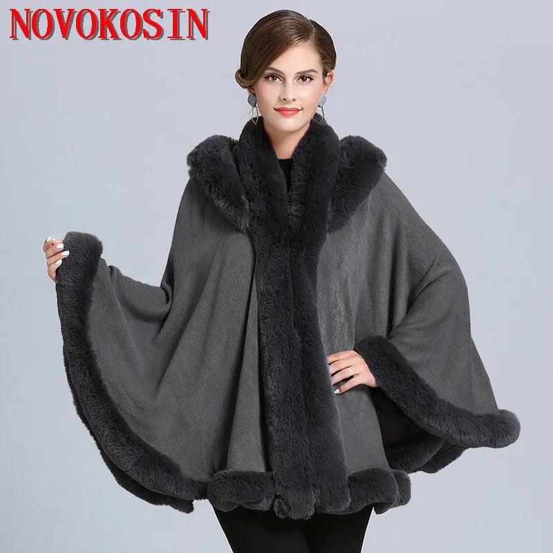 5 Color Winter Thick Warm Grey Black Poncho Cape Women Faux Fur