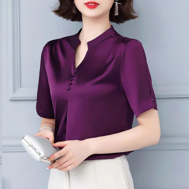 2023 Summer Fashion Women Tops Short Sleeve Shirts Casual Elegant Ladies Blouse Office Lady Button V-neck Women Clothing 5379 50 - YOURISHOP.COM