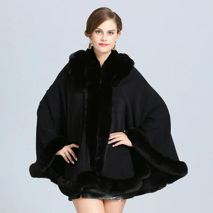 5 Color Winter Thick Warm Grey Black Poncho Cape Women Faux Fur Neck Knitted Cloak Big Pendulum Loose Cardigan Coat With Hat - YOURISHOP.COM