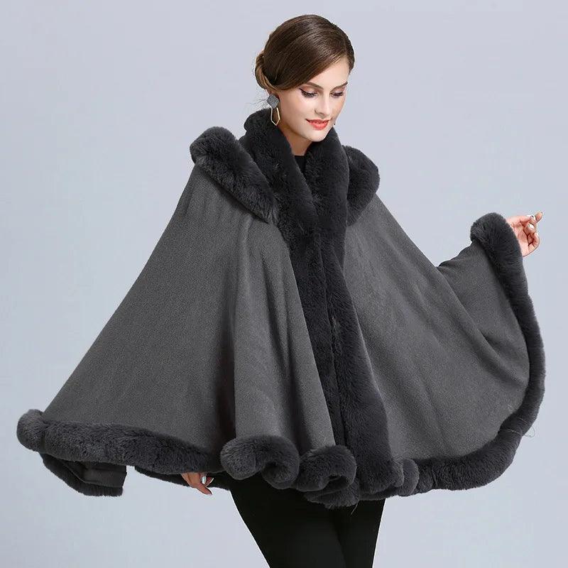 5 Color Winter Thick Warm Grey Black Poncho Cape Women Faux Fur Neck Knitted Cloak Big Pendulum Loose Cardigan Coat With Hat - YOURISHOP.COM