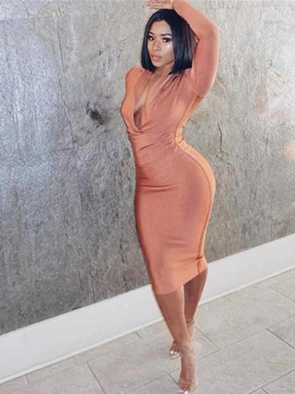 Free Shipping Winter Sexy V Neck Long Sleeve Women Bodycon Bandage Dress 2022 Celebrity Designer Evening Party Dress Vestido - YOURISHOP.COM