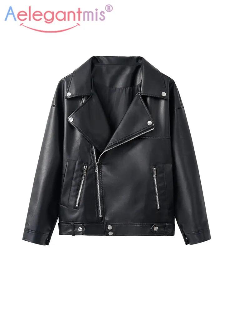 Aelegantmis New Loose PU Faux Leather Jacket Women Classic Moto Biker Jacket Autumn Winter Lady Basic Coat Y2k Outerwear - YOURISHOP.COM