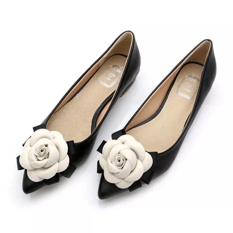 Brand Camellia Flower Shoes Women Leather Flats Ladies Office Dress Shoes Pointy Toe Single Shoes Bride-Maid Women Wedding Shoes - YOURISHOP.COM