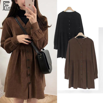 Cute Sweet Dresses Hot Sales Women Fashion Flhjlwoc Retro V Neck Vintage Preppy Style Girls Casual Loose Mini Button Shirt Dress - YOURISHOP.COM