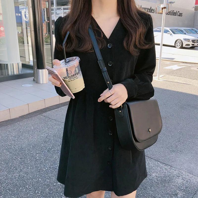 Cute Sweet Dresses Hot Sales Women Fashion Flhjlwoc Retro V Neck Vintage Preppy Style Girls Casual Loose Mini Button Shirt Dress - YOURISHOP.COM