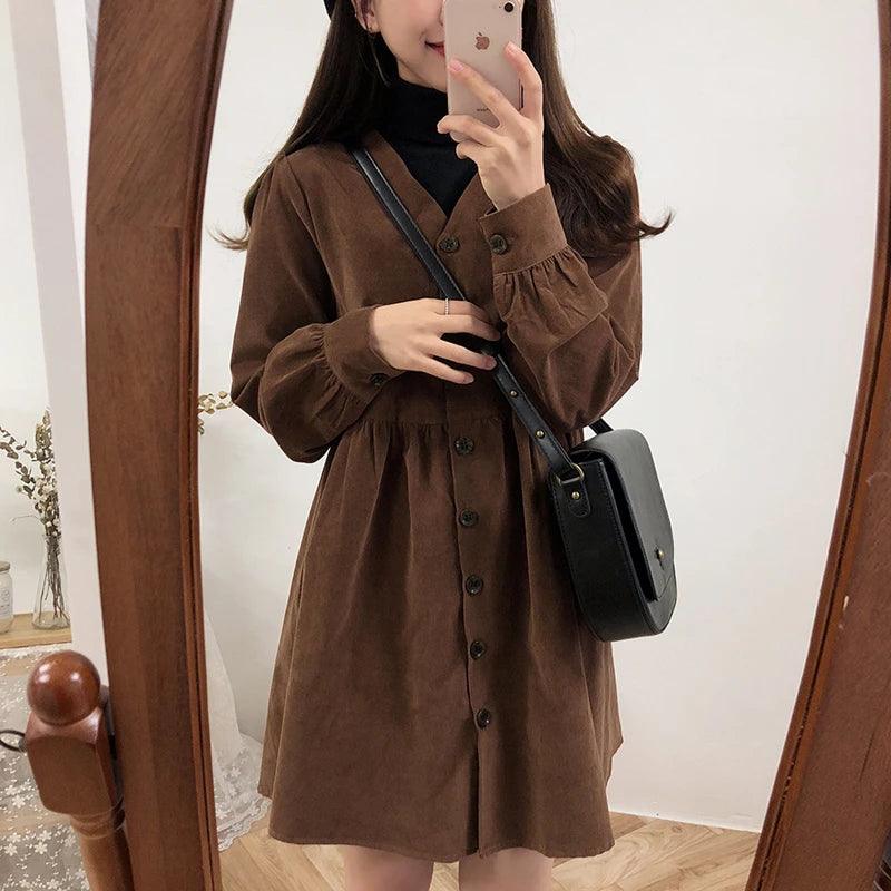 Cute Sweet Dresses Hot Sales Women Fashion Flhjlwoc Retro V Neck Vintage Preppy Style Girls Casual Loose Mini Button Shirt Dress - YOURISHOP.COM