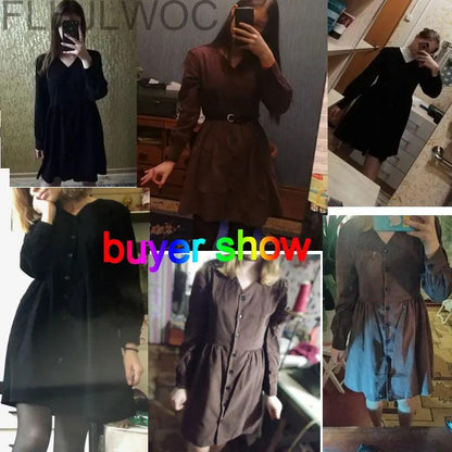 Cute Sweet Dresses Hot Sales Women Fashion Flhjlwoc Retro V Neck Vintage Preppy Style Girls Casual Loose Mini Button Shirt Dress - YOURISHOP.COM