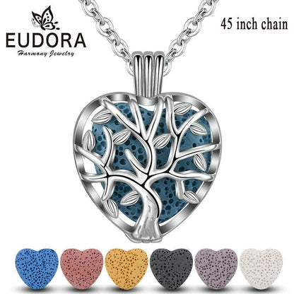 Eudora 20mm Lava Necklace Pendant Heart Volcanic Stone Tree of life Cage Pendant Necklace For DIY Essential Oil Perfume KFC10N20 - YOURISHOP.COM