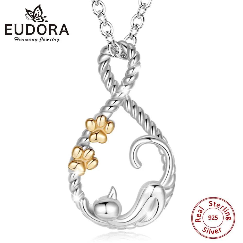 EUDORA Sterling Silver Sleeping Cat Pendant Necklace Gold Color Cat footprint necklace Animal pet Jewelry for lady girl with box - YOURISHOP.COM