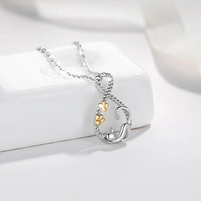EUDORA Sterling Silver Sleeping Cat Pendant Necklace Gold Color Cat footprint necklace Animal pet Jewelry for lady girl with box - YOURISHOP.COM