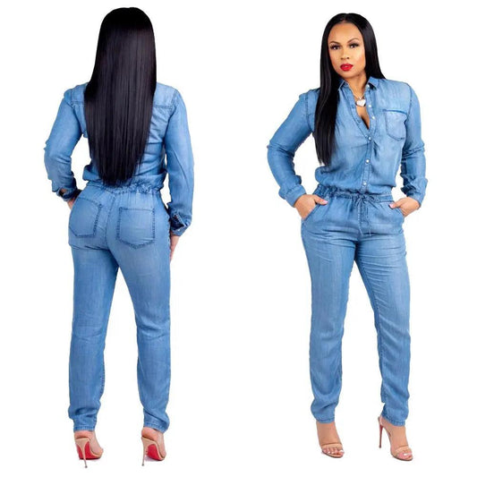 Fashion Women Denim Jumpsuit Long Sleeve Casual Rompers Female Streetwear Overalls Pockets Playsuit Bodysuit Women Slim Jumpsuit - YOURISHOP.COM