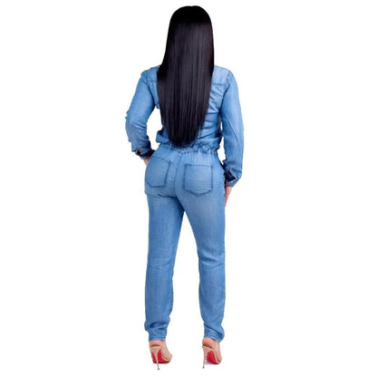 Fashion Women Denim Jumpsuit Long Sleeve Casual Rompers Female Streetwear Overalls Pockets Playsuit Bodysuit Women Slim Jumpsuit - YOURISHOP.COM