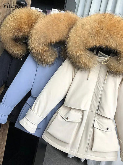 Fitaylor Winter Jacket Women Large Natural Fox Fur White Duck Down Coat Thick Parkas Warm Sash Tie Up Zipper Down Snow Outerwear - YOURISHOP.COM