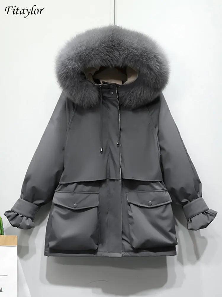 Fitaylor Winter Jacket Women Large Natural Fox Fur White Duck Down Coat Thick Parkas Warm Sash Tie Up Zipper Down Snow Outerwear - YOURISHOP.COM