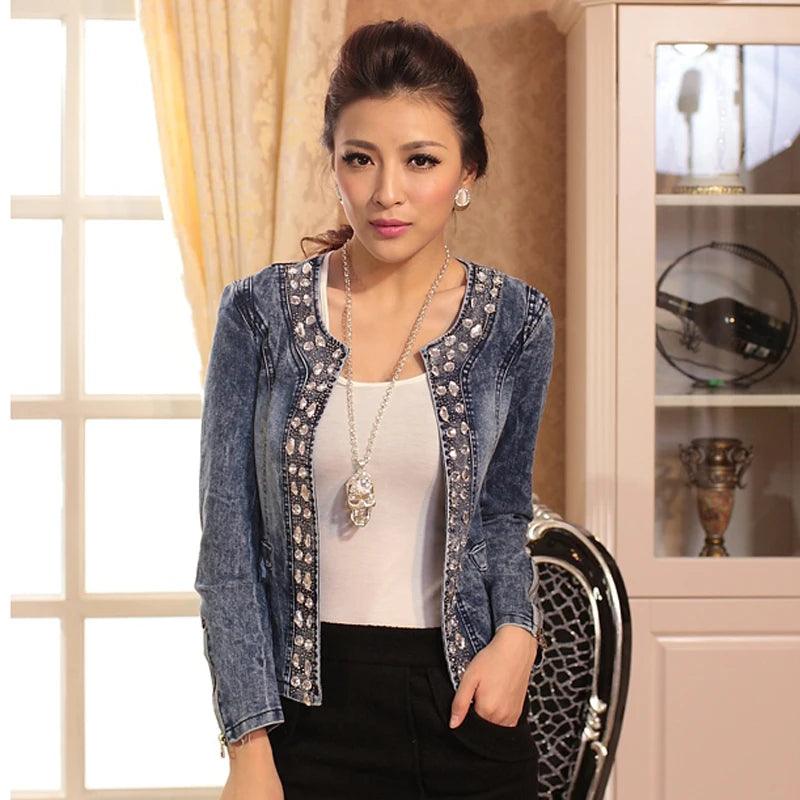 FMFSSOM New Spring Antumn Denim Jackets Vintage Diamonds Casual Coat Women's Denim Jacket Basis Tops Outerwear Jeans - YOURISHOP.COM