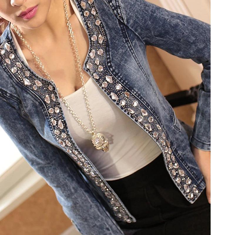 FMFSSOM New Spring Antumn Denim Jackets Vintage Diamonds Casual Coat Women's Denim Jacket Basis Tops Outerwear Jeans - YOURISHOP.COM