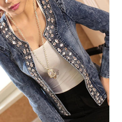 FMFSSOM New Spring Antumn Denim Jackets Vintage Diamonds Casual Coat Women's Denim Jacket Basis Tops Outerwear Jeans - YOURISHOP.COM