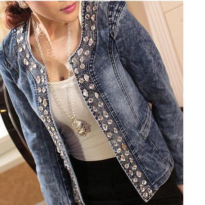 FMFSSOM New Spring Antumn Denim Jackets Vintage Diamonds Casual Coat Women's Denim Jacket Basis Tops Outerwear Jeans - YOURISHOP.COM