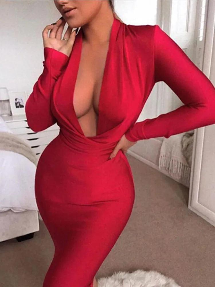 Free Shipping Winter Sexy V Neck Long Sleeve Women Bodycon Bandage Dress 2022 Celebrity Designer Evening Party Dress Vestido - YOURISHOP.COM