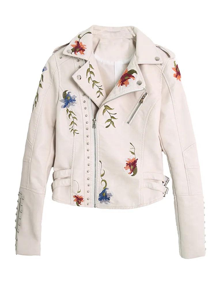 Ftlzz Women Floral Print Embroidery Faux Soft Leather Jacket Coat Turn-down Collar Casual Pu Motorcycle Black Punk Outerwear - YOURISHOP.COM