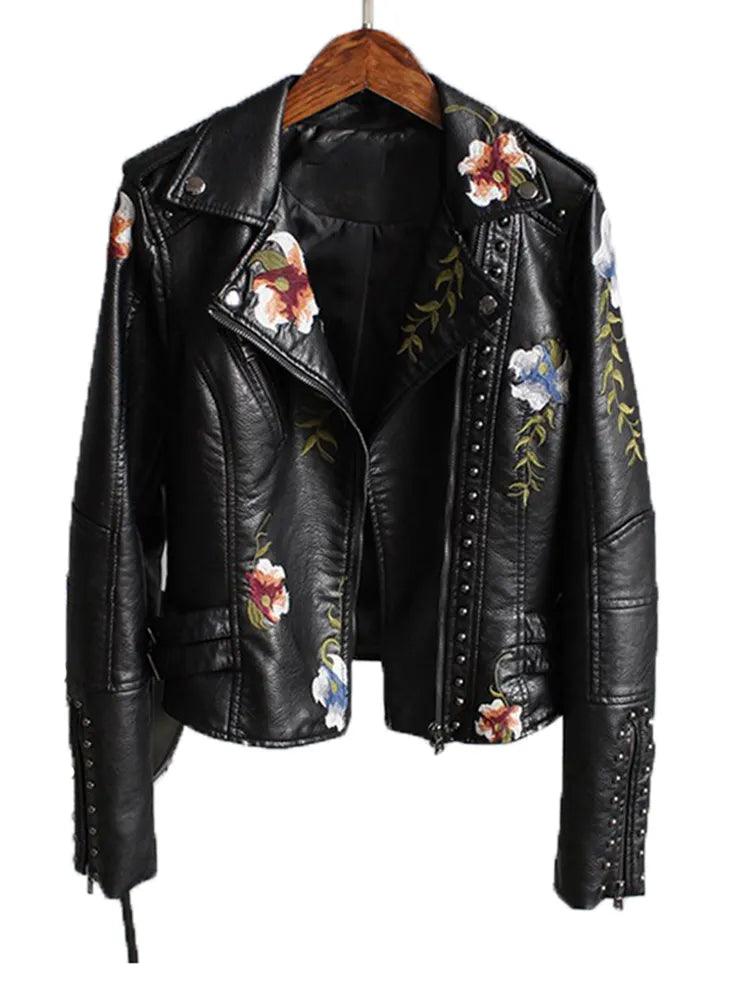 Ftlzz Women Floral Print Embroidery Faux Soft Leather Jacket Coat Turn-down Collar Casual Pu Motorcycle Black Punk Outerwear - YOURISHOP.COM