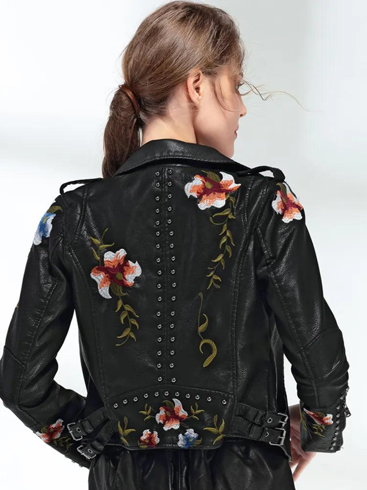 Ftlzz Women Floral Print Embroidery Faux Soft Leather Jacket Coat Turn-down Collar Casual Pu Motorcycle Black Punk Outerwear - YOURISHOP.COM