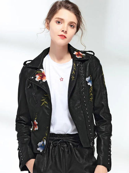 Ftlzz Women Floral Print Embroidery Faux Soft Leather Jacket Coat Turn-down Collar Casual Pu Motorcycle Black Punk Outerwear - YOURISHOP.COM