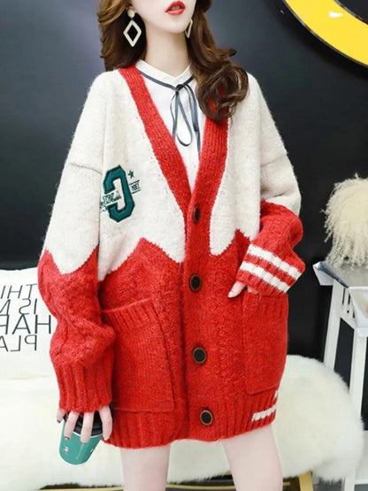 H.SA 2022 Women Oversized Cardigans V Neck Letters Embroidery Casual Patchwork Loose Jumpers Thick Warm Spring Knit Jacket Coat - YOURISHOP.COM