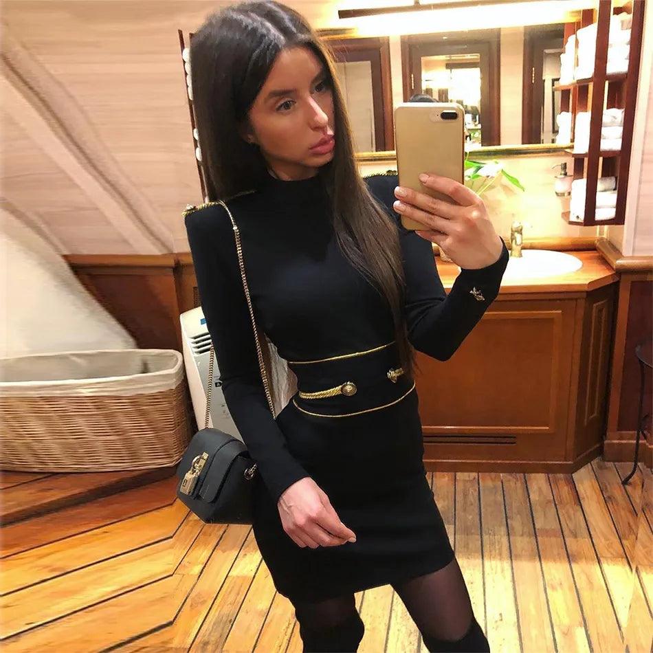 Hashupha 2022 Summer Black Mini Bandage Dress Women's Button Long Sleeve O Neck Bodycon Sexy Elegant Club Evening Party Dresses - YOURISHOP.COM