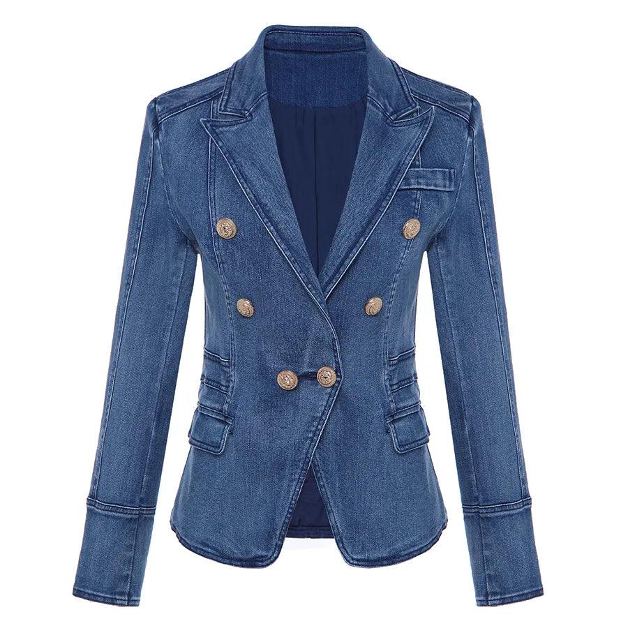 HIGH QUALITY New Fashion 2023 Designer Blazer Women's Metal Lion Buttons Double Breasted Denim Blazer Jacket Outer Coat - YOURISHOP.COM