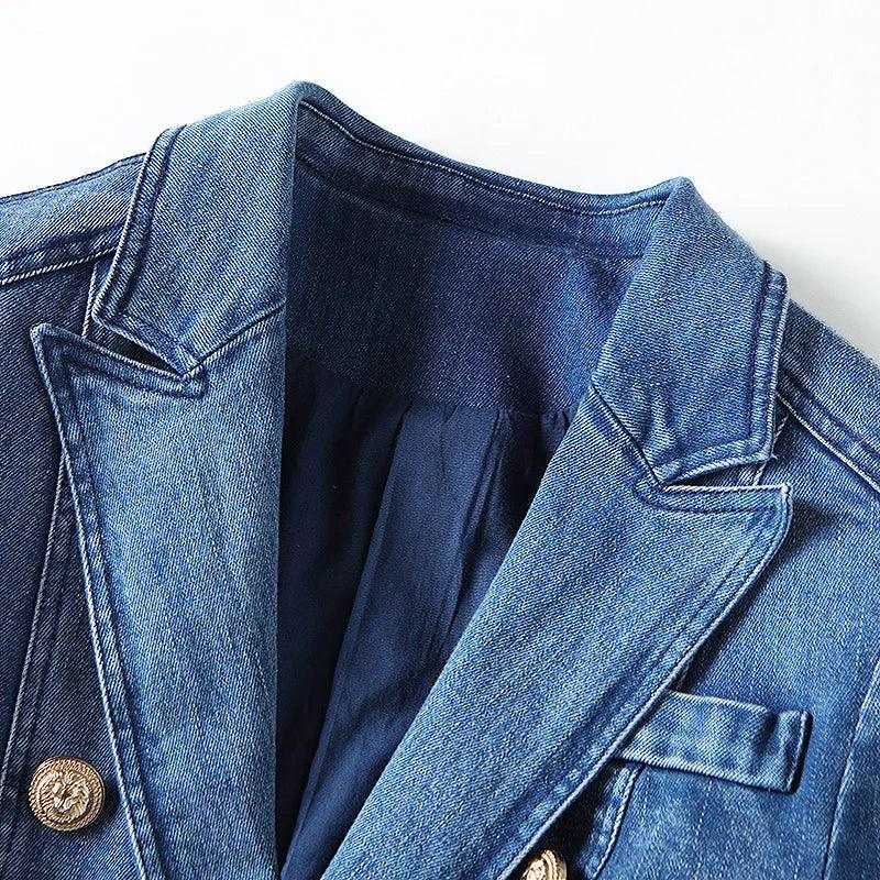 HIGH QUALITY New Fashion 2023 Designer Blazer Women's Metal Lion Buttons Double Breasted Denim Blazer Jacket Outer Coat - YOURISHOP.COM