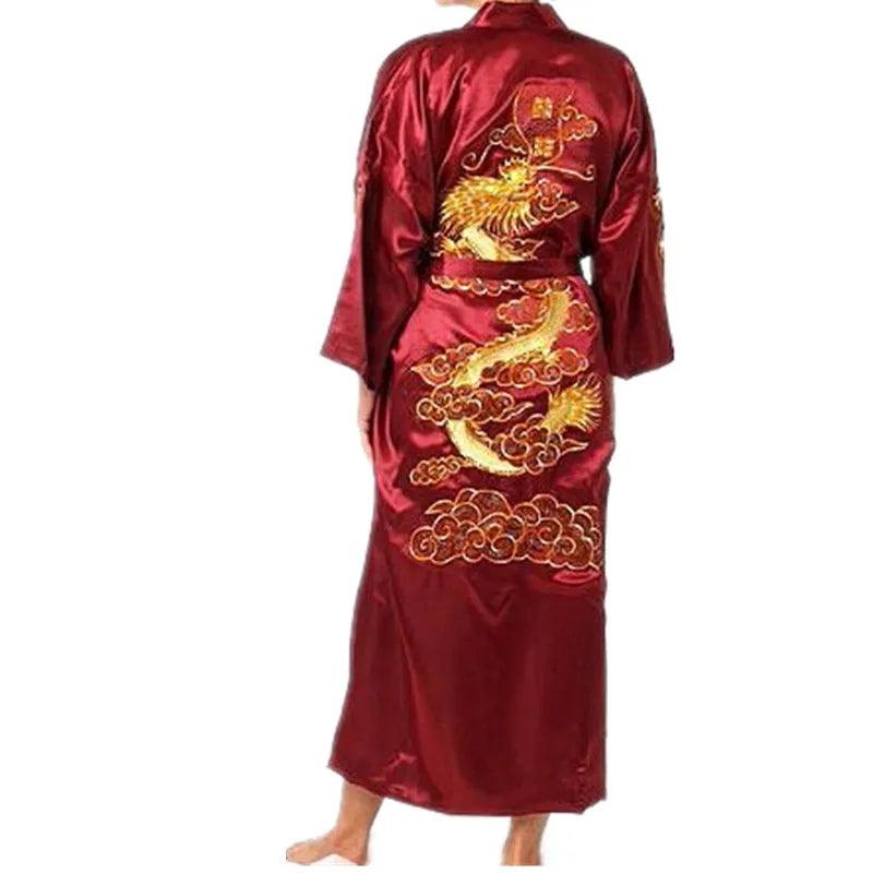 Hot Sale Burgundy Chinese Men Silk Satin Robe Novelty Traditional Embroidery Dragon Kimono Yukata Bath Gown Size M L XL XXL XXXL - YOURISHOP.COM