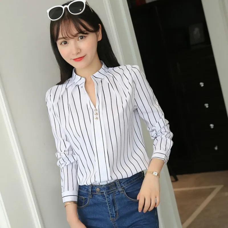 JFUNCY Women White Tops Women's Blouses Fashion Stripe Print Casual Long Sleeve Office Lady Work Shirts Female Slim Blusas - YOURISHOP.COM