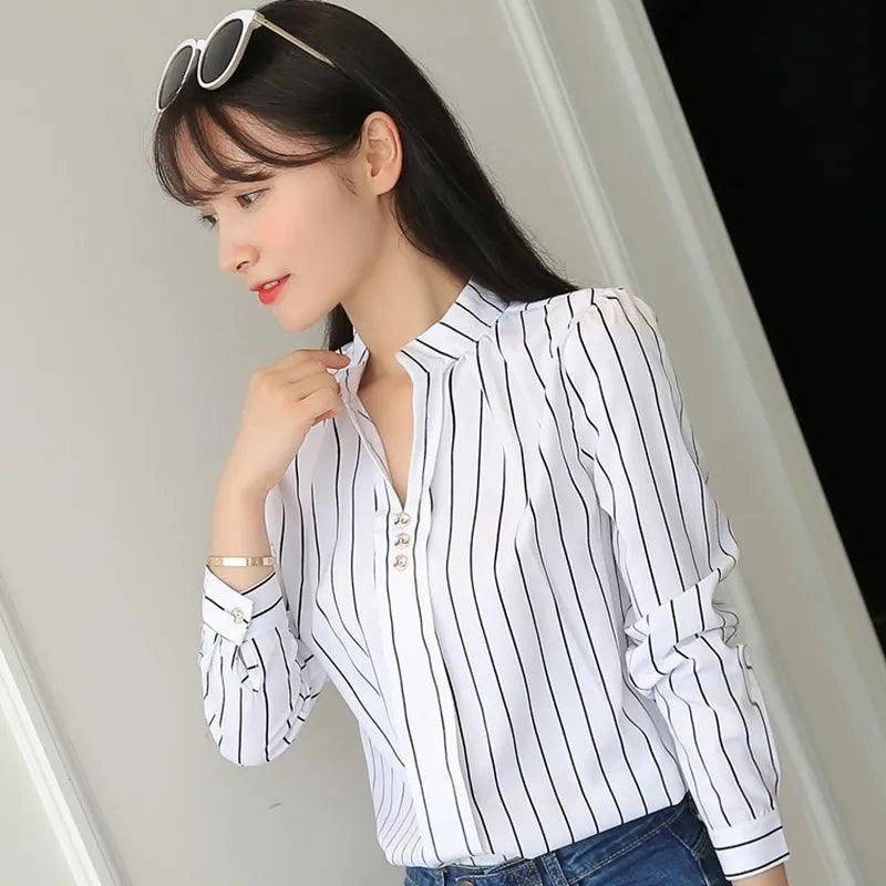 JFUNCY Women White Tops Women's Blouses Fashion Stripe Print Casual Long Sleeve Office Lady Work Shirts Female Slim Blusas - YOURISHOP.COM