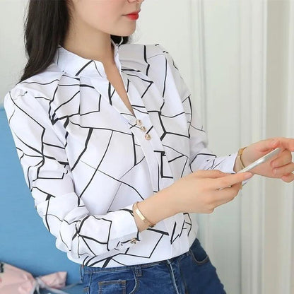 JFUNCY Women White Tops Women's Blouses Fashion Stripe Print Casual Long Sleeve Office Lady Work Shirts Female Slim Blusas - YOURISHOP.COM