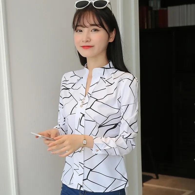 JFUNCY Women White Tops Women's Blouses Fashion Stripe Print Casual Long Sleeve Office Lady Work Shirts Female Slim Blusas - YOURISHOP.COM