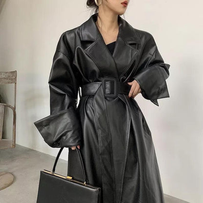 Lautaro Long oversized leather trench coat for women long sleeve lapel loose fit Fall Stylish black women clothing streetwear - YOURISHOP.COM