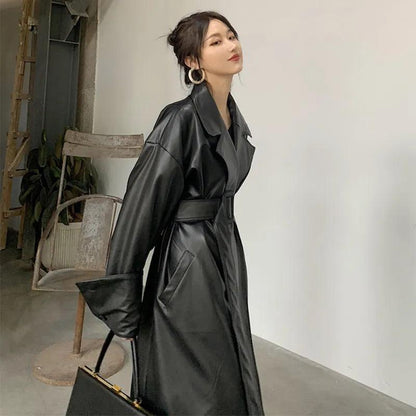 Lautaro Long oversized leather trench coat for women long sleeve lapel loose fit Fall Stylish black women clothing streetwear - YOURISHOP.COM