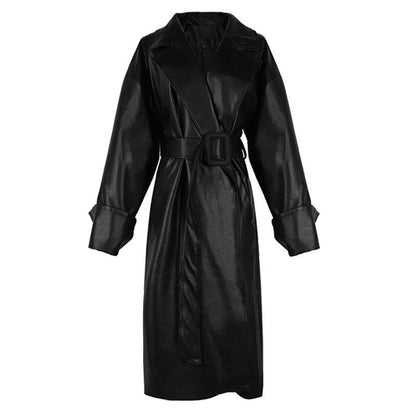 Lautaro Long oversized leather trench coat for women long sleeve lapel loose fit Fall Stylish black women clothing streetwear - YOURISHOP.COM