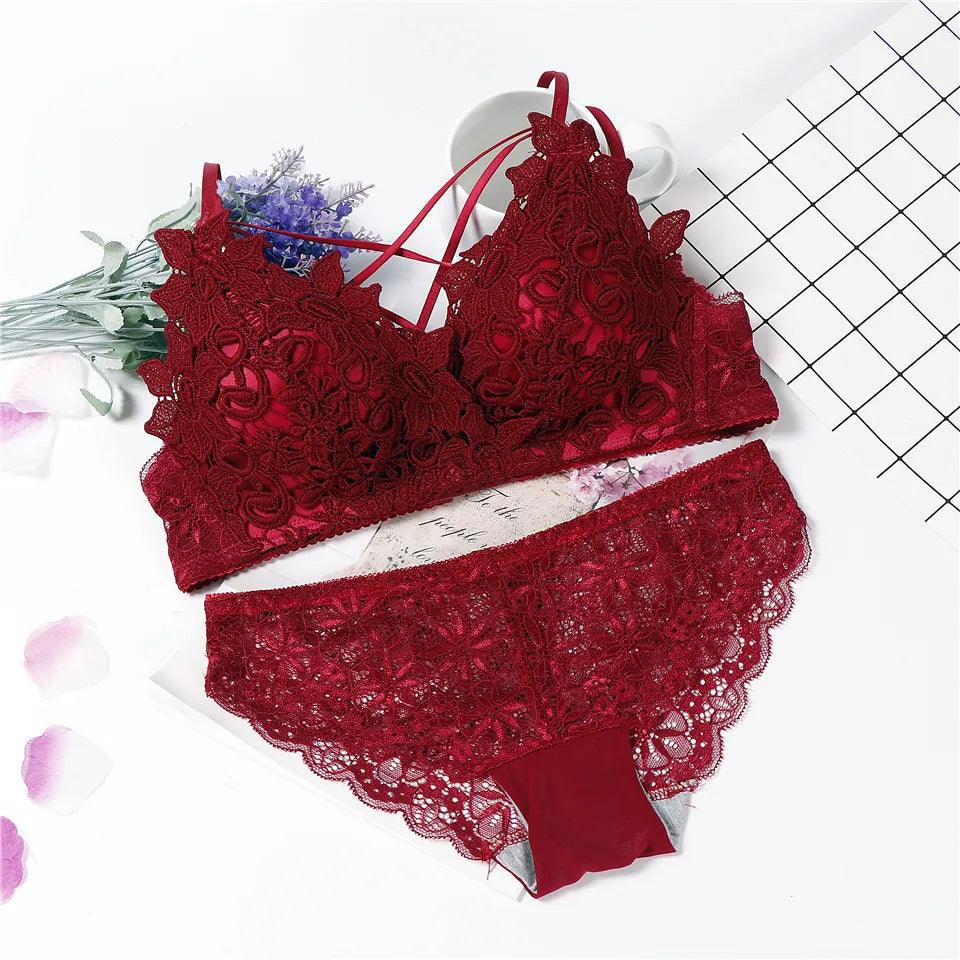 lingerie bra set wire free lenceria sexy bielizna damska komplety Cup AB lace top wine red lenceria lace underwear set - YOURISHOP.COM