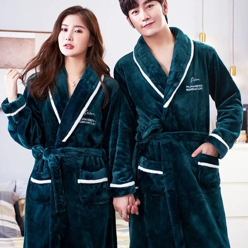 Lovers Coral Fleece Robe Autumn Winter Warm Sleepwear Women Men Thicken Flannel Bathrobe Lounge Nightgown Home Clothes Bigsize - YOURISHOP.COM