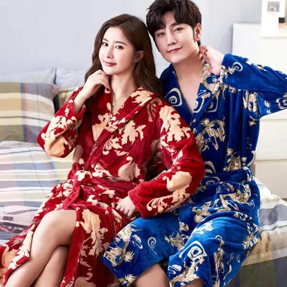 Lovers Coral Fleece Robe Autumn Winter Warm Sleepwear Women Men Thicken Flannel Bathrobe Lounge Nightgown Home Clothes Bigsize - YOURISHOP.COM