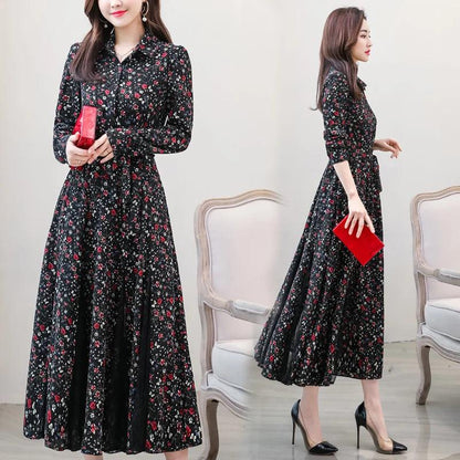 New chiffon stitching lace Dress lady elegant temperament long dress shirt collar long sleeve women print dresses - YOURISHOP.COM