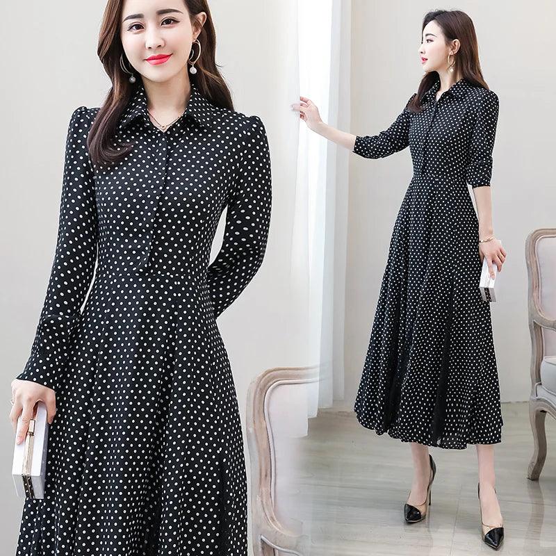 New chiffon stitching lace Dress lady elegant temperament long dress shirt collar long sleeve women print dresses - YOURISHOP.COM