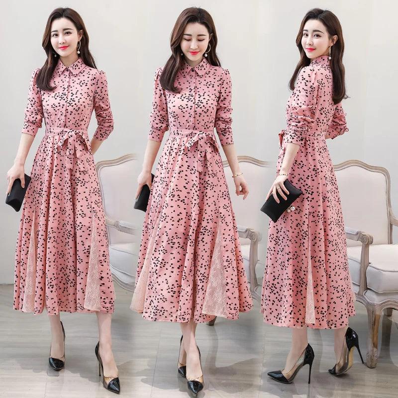 New chiffon stitching lace Dress lady elegant temperament long dress shirt collar long sleeve women print dresses - YOURISHOP.COM