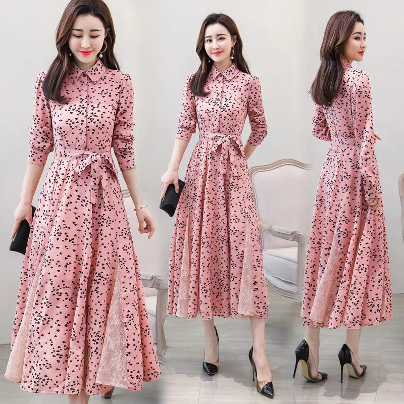 New chiffon stitching lace Dress lady elegant temperament long dress shirt collar long sleeve women print dresses - YOURISHOP.COM