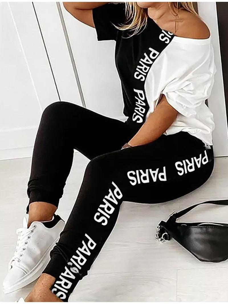 Off Shoulder Tracksuit Women Two Piece Set Summer Clothes Letter Print Colorblock Tshirt Top Long Pants Suit Women Set Outfits - YOURISHOP.COM