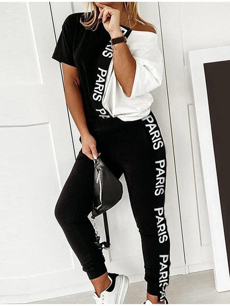 Off Shoulder Tracksuit Women Two Piece Set Summer Clothes Letter Print Colorblock Tshirt Top Long Pants Suit Women Set Outfits - YOURISHOP.COM