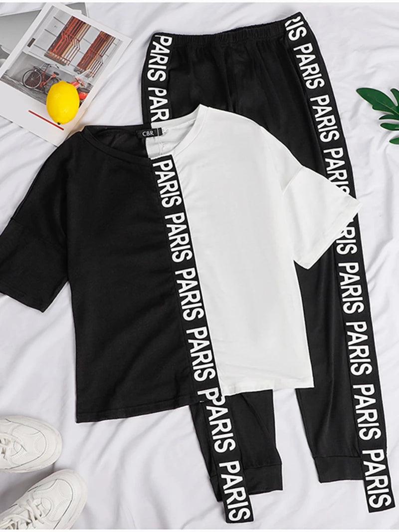 Off Shoulder Tracksuit Women Two Piece Set Summer Clothes Letter Print Colorblock Tshirt Top Long Pants Suit Women Set Outfits - YOURISHOP.COM