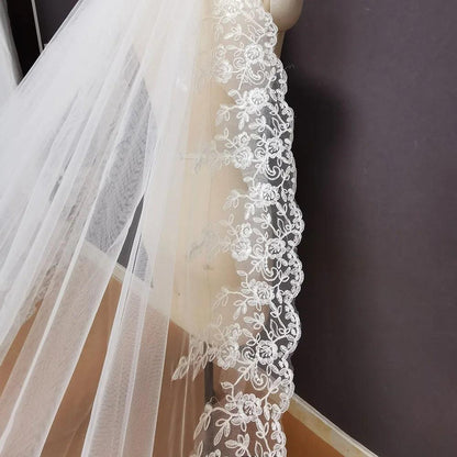 One Layer 3.5 Meters Long Wedding Veil White Ivory Lace Bridal Veil with Comb Bridal Headpiece Voile Mariage - YOURISHOP.COM